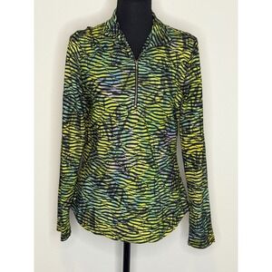 Sno Skins Women's Neon Yellow Black Abstract Zebra Stripe Quarter Zip Pullover M